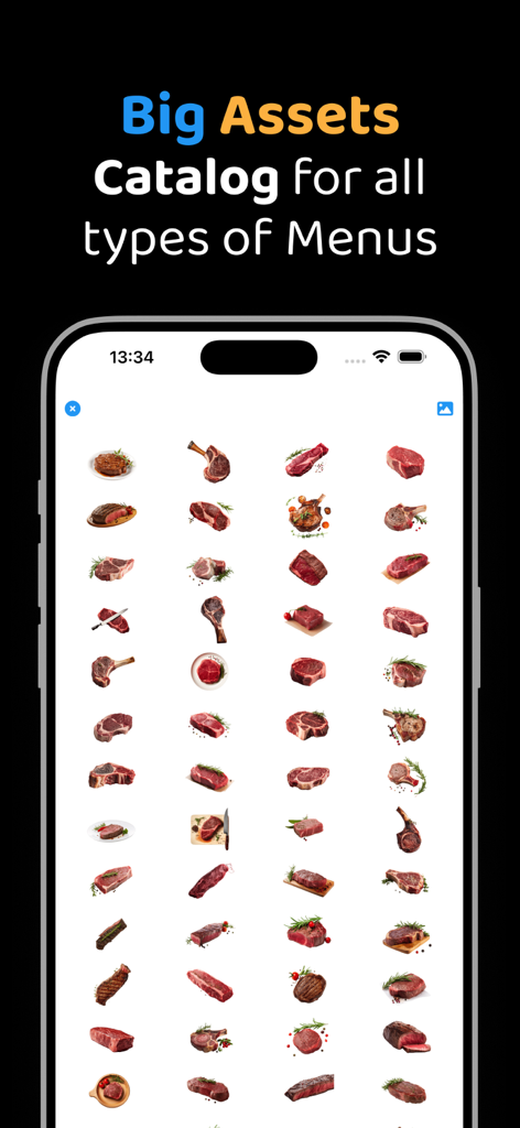 Menu Maker - Price List PDF - Asset catalog showing various meat illustrations for menu creation