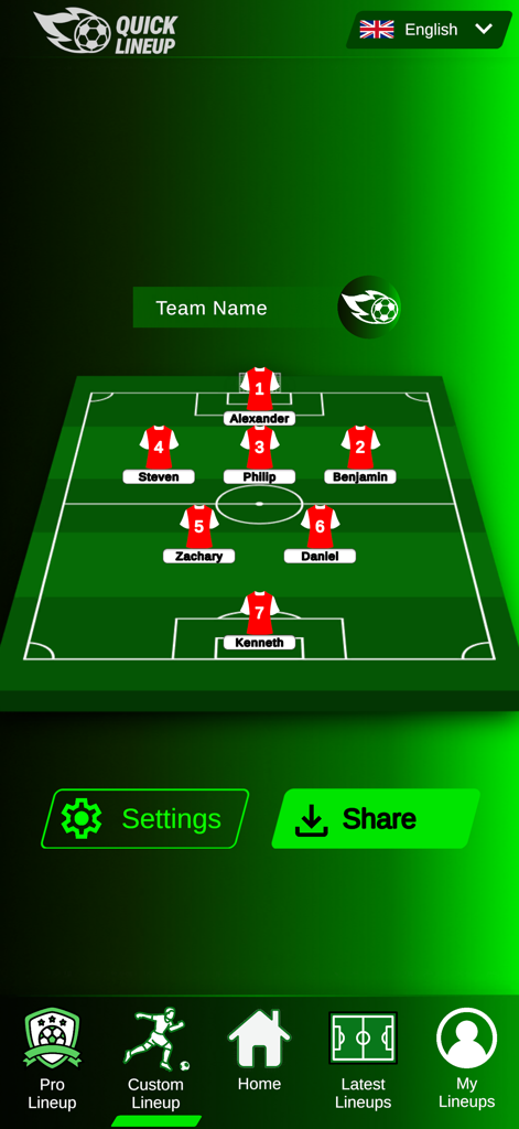 A soccer team lineup builder showing player positions on a green field