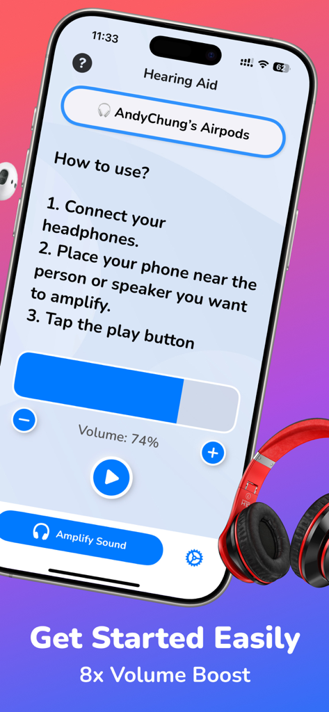iPhone screen displaying the Hearing Aid app with 8x volume boost instructions and a sound amplification button