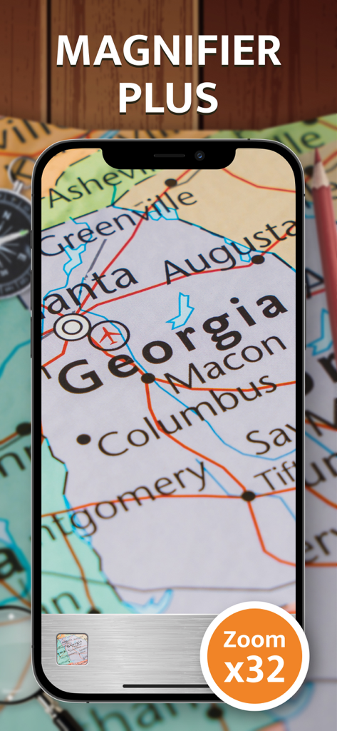Magnifying Glass - Loupe 32x - Digital magnifying glass app showing a 32x zoom on a map of Georgia