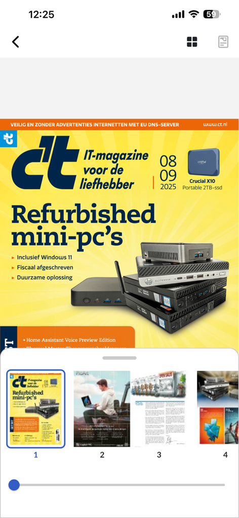 c't NL - Digital reader interface of the ct NL IT magazine app with a cover feature on refurbished mini PCs.