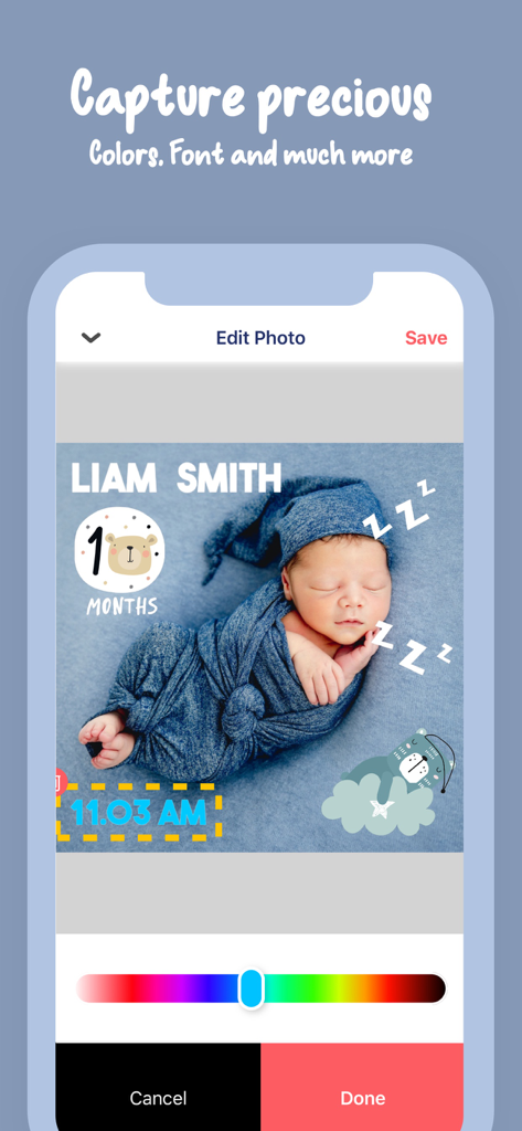 Bino: Baby Photo Editor App - A screenshot of the Bino Baby Photo Editor app showing a baby photo being edited with milestone stickers and custom text.