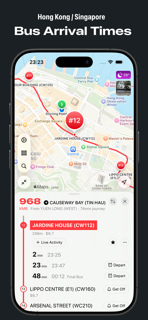 Orari di arrivo degli autobus in tempo reale e mappa dei trasporti per Hong Kong nell'app Bus Times.