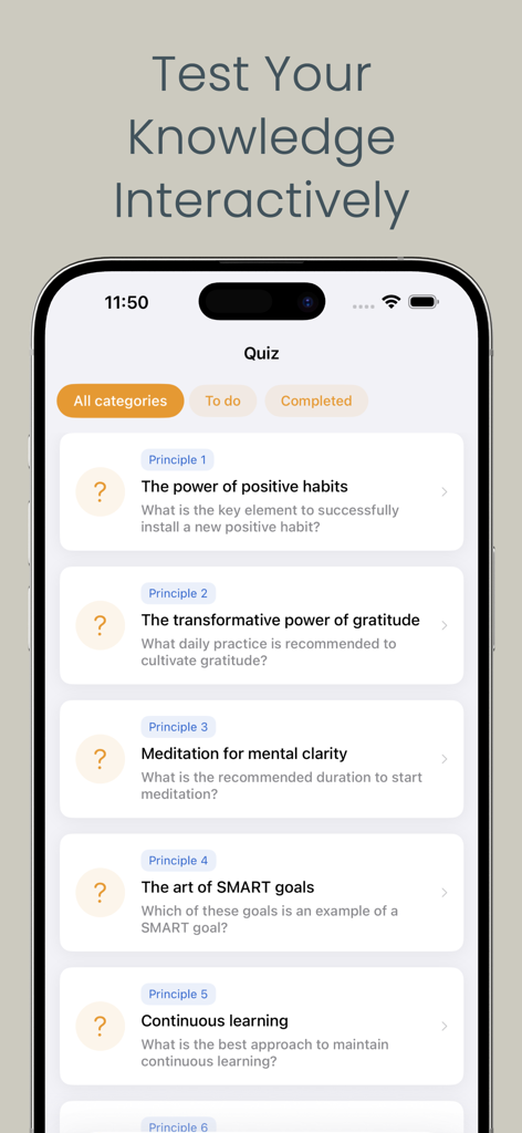 自己啓発とパーソナルデベロップメントアプリのクイズセクションのスクリーンショット。インタラクティブな学習原則が表示されています。