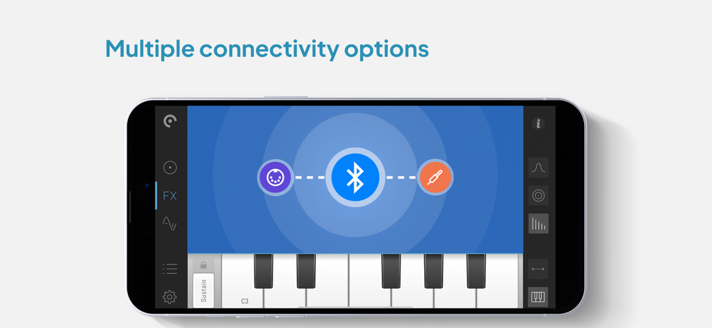 Pure Upright - Virtual Piano - Interfaccia dell'app pianoforte virtuale Pure Upright che mostra le opzioni di connettività bluetooth e midi