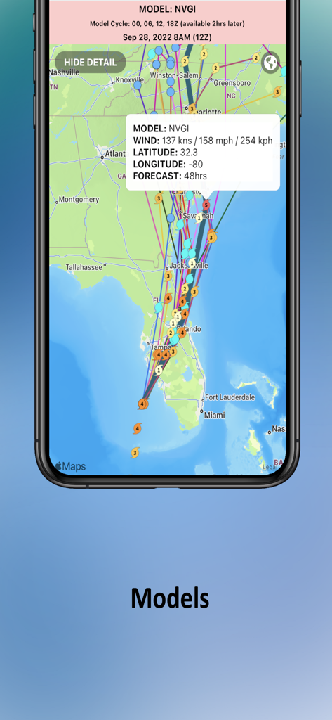 Tropical Hurricane Tracker - Modelos de conjuntos de huracanes y datos de rastreo de tormentas en un mapa de Florida en la aplicación Rastreador de Huracanes Tropicales.