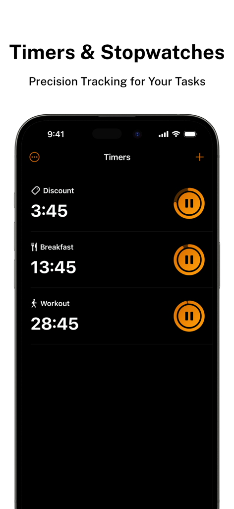 Timeris - Multi Timer Widgets - Interface of the Timeris app on an iPhone showing three active timers for discount breakfast and workout tasks