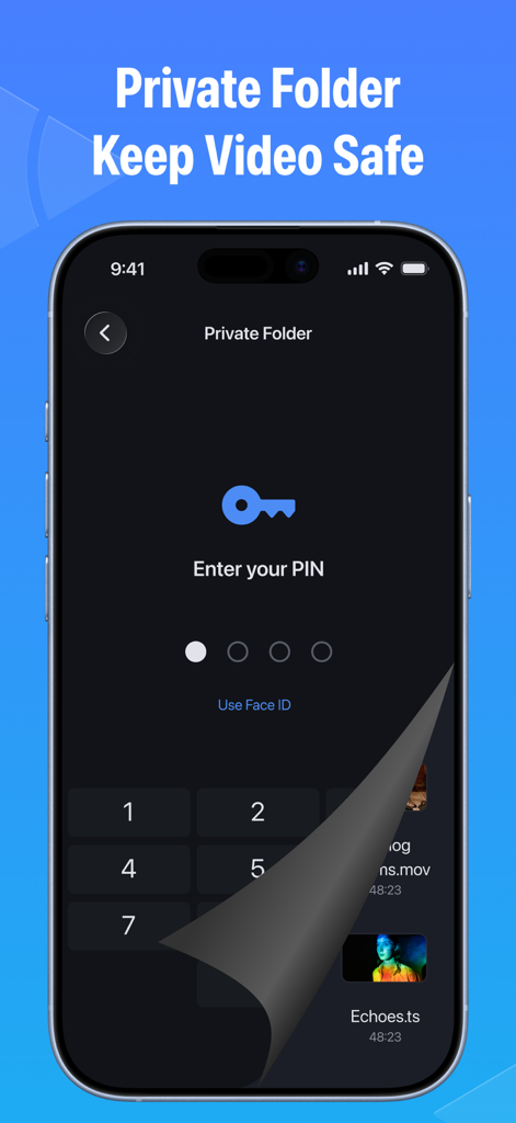 Video Player - Arc Player - Arc Player private folder screen showing PIN and Face ID lock to protect personal videos