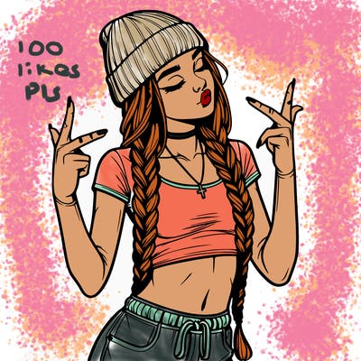 realistic teenage girl with braids and a beanie and crop top doing 🫶🏼