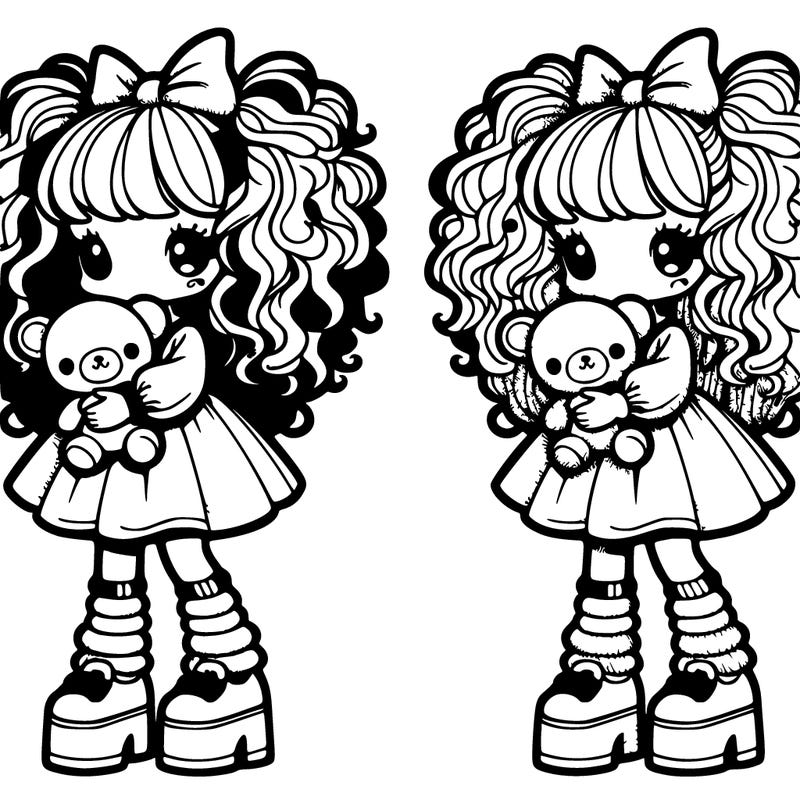 little girl cuddling a stuffed animal wear a pastel shirt and pastel skirt and mismatched socks and leg warmers and pastel doll platforms,with messy fluffy and curly hair with bangs covering her eyes