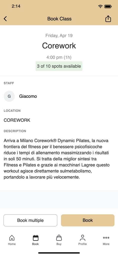 Interfaz de la aplicación COREWORK para reservar una clase de Pilates Dinámico con detalles de la sesión y disponibilidad