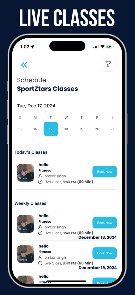 SportZtars:Body Transformation - Live fitness classes schedule and booking screen in the SportZtars app