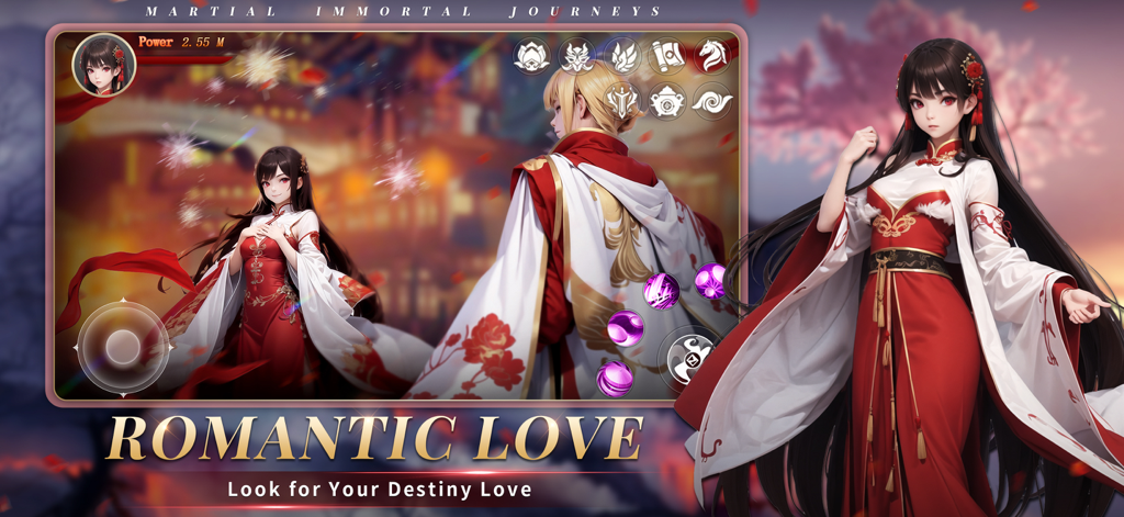 Martial lmmortal Journeys - A screenshot of Martial Immortal Journeys featuring the romantic love system with characters in traditional Chinese attire.