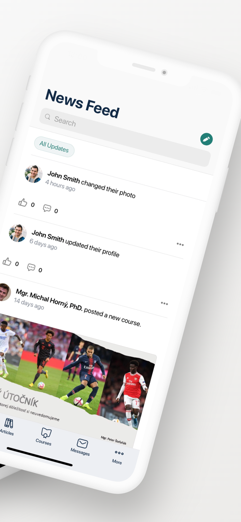 Soccer Coaches Hub - Soccer Coaches Hub mobile app news feed showing professional community updates and new coaching courses
