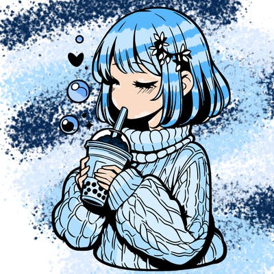 manga girl drinking boba in cozy sweater