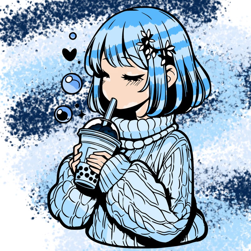 manga girl drinking boba in cozy sweater