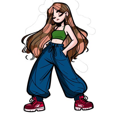 girl in baggy pants crop top and long hair