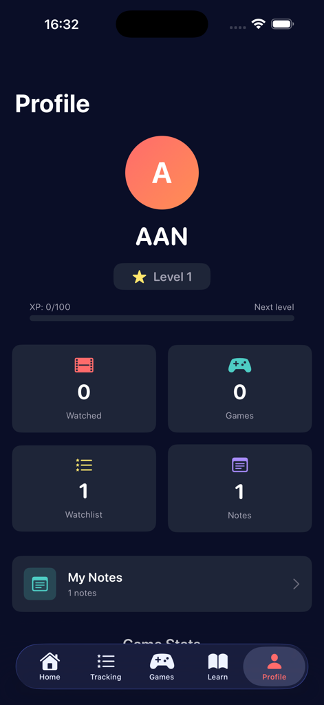 MovieMaster app profile interface showing user level and statistics
