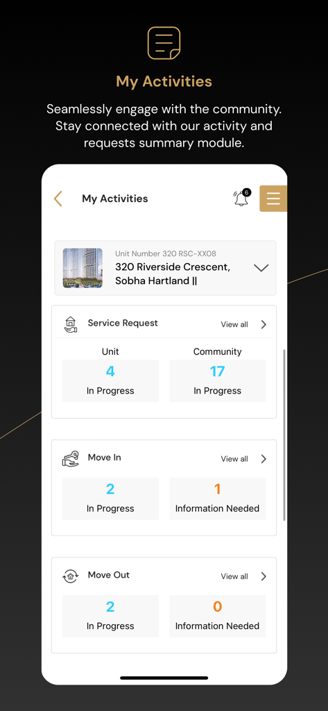 ONE Sobha App - The My Activities screen of the ONE Sobha App displaying a summary of service requests and move-in progress for a property