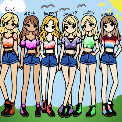 a group of girls wearing crop tops and shorts