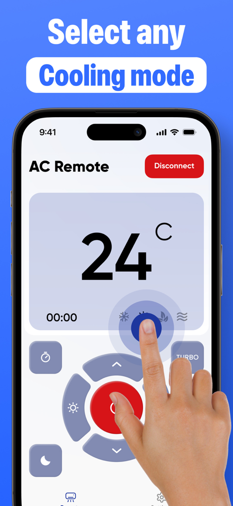 AC Remote: Universal Control. - Écran de smartphone affichant l'interface de l'application AC Remote lors de la sélection du mode de refroidissement.