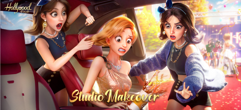 Hollywood Crush - Escena dramática de un coche de Hollywood Crush con personajes reaccionando a un derrame de café antes de un evento de alfombra roja con el texto Studio Makeover