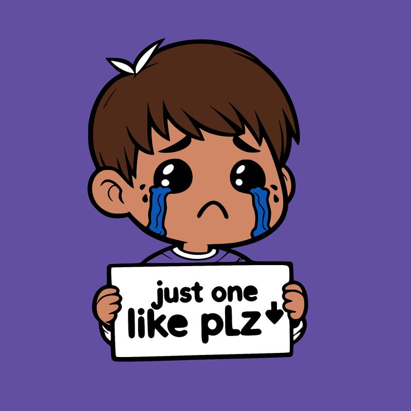 realistic crying boy with a sign saying just one like plz