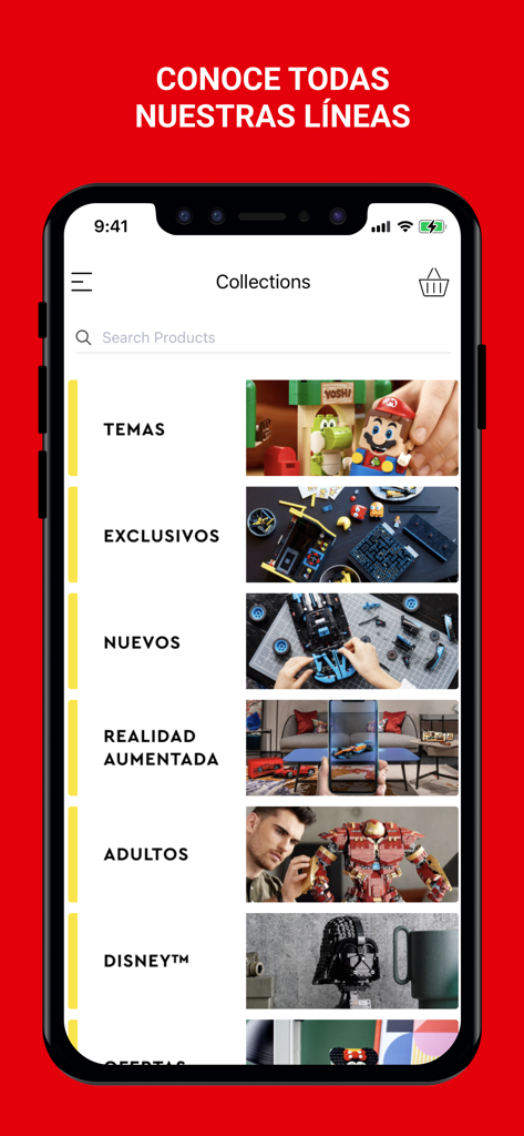 TIENDA LEGO® - Interface do aplicativo móvel da LOJA LEGO mostrando coleções de produtos, incluindo Temas, Exclusivos, Novos conjuntos e Coleções para Adultos