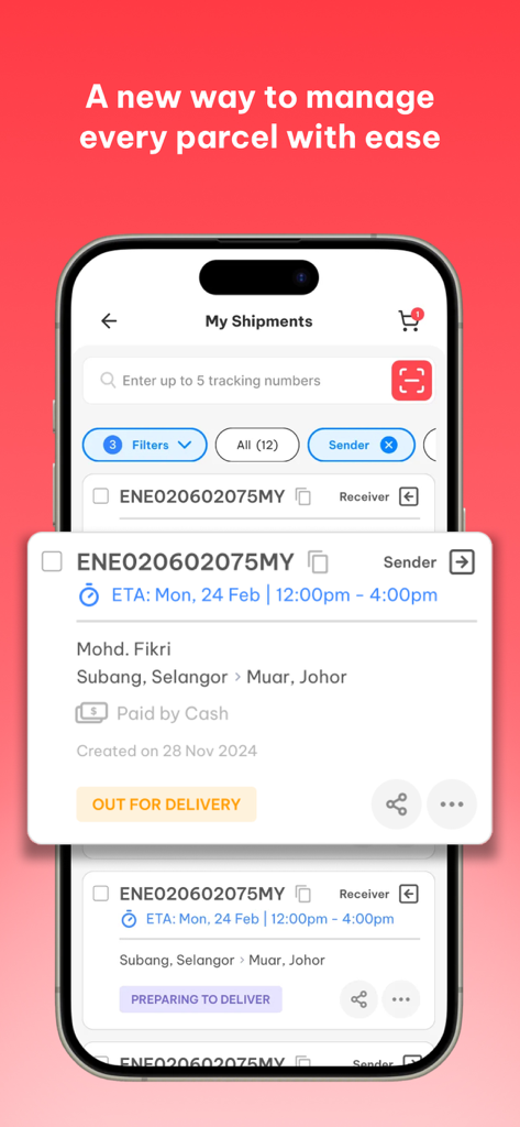 Pos Malaysia - Pos Malaysiaモバイルアプリのインターフェース。出荷追跡の詳細と小包の配送状況が表示されています。