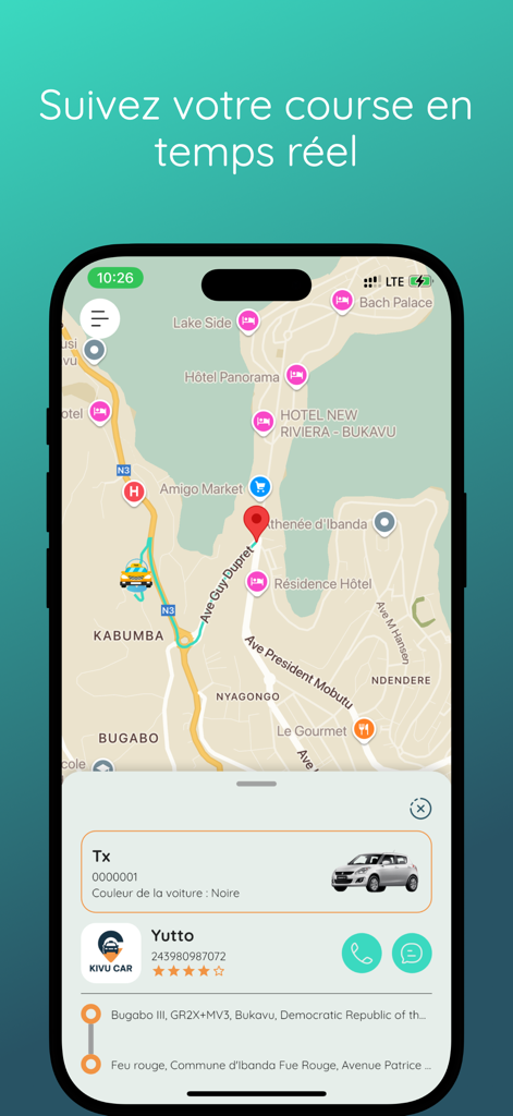 Yutto - Yutto app interface showing real-time taxi tracking on a map with driver and vehicle information