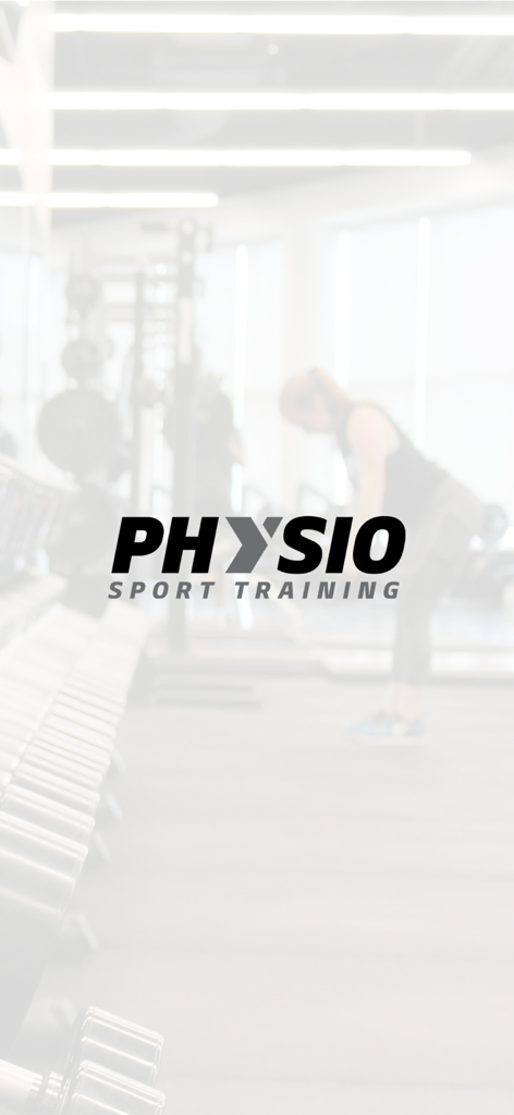 Physio Sport Training - Logotipo de la aplicación Physio Sport Training con un fondo de gimnasio borroso