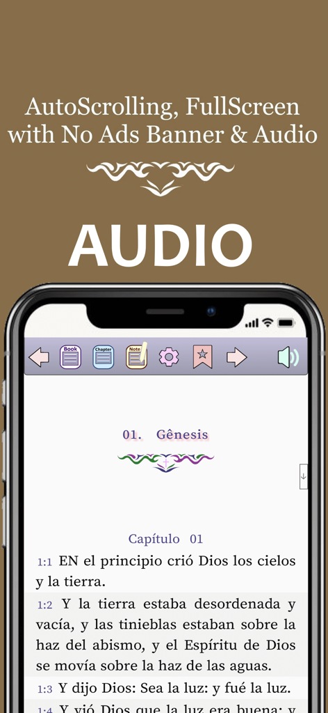 Interfaz de la aplicación Biblia Reina Valera PRO que muestra texto de la Biblia en español con funciones de audio y desplazamiento automático