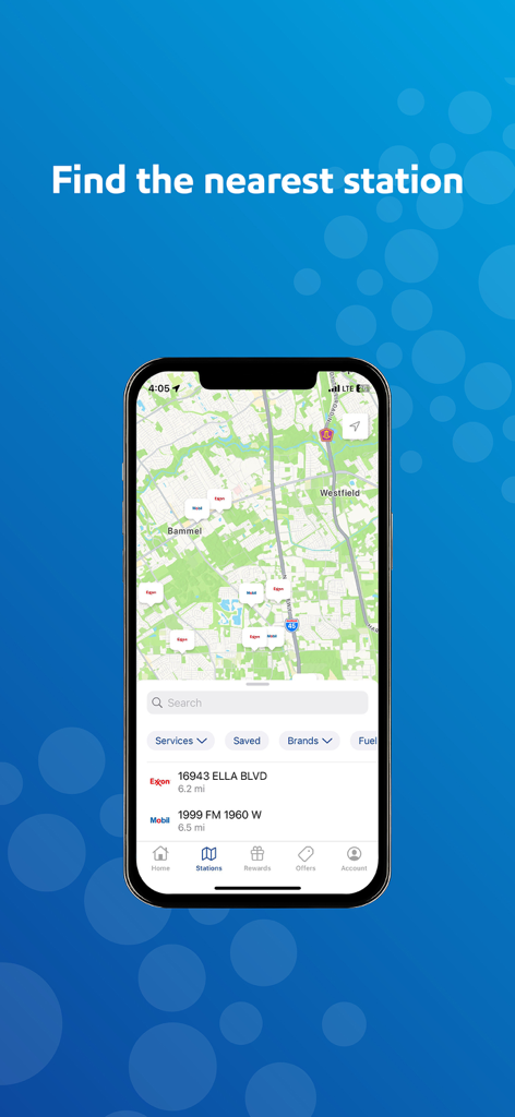 Interfaccia della mappa del cercatore di stazioni dell'app Exxon Mobil Rewards plus che mostra le stazioni di servizio nelle vicinanze.