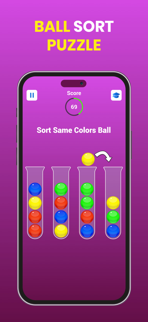 Brain Test Puzzle : IQ Games - A mobile screen showing the Ball Sort Puzzle game where a user organizes colored balls into test tubes to improve cognitive skills.