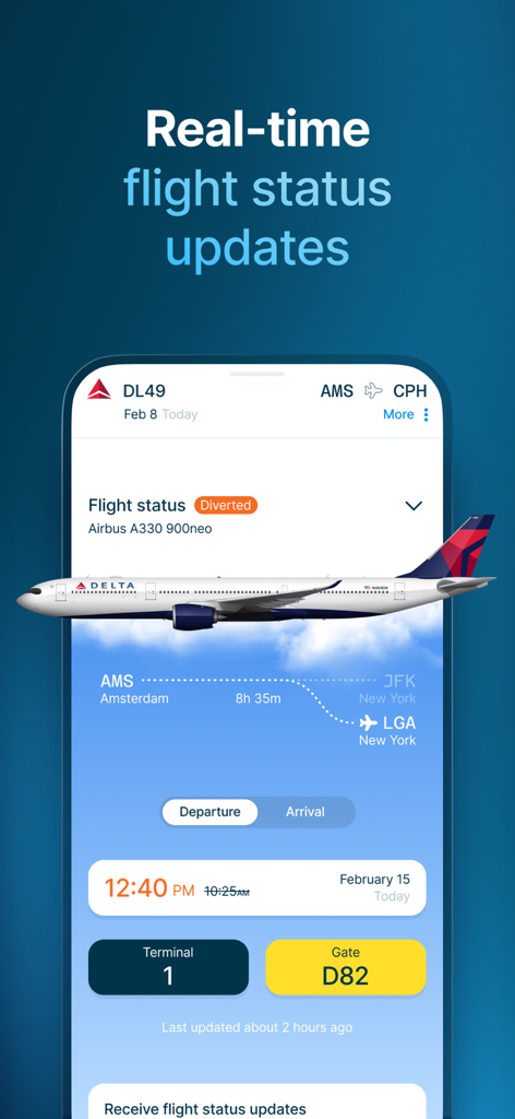 StaffTraveler - Interfaccia dell'app StaffTraveler che mostra aggiornamenti in tempo reale sullo stato dei voli, incluse informazioni su gate e terminal per i dipendenti delle compagnie aeree