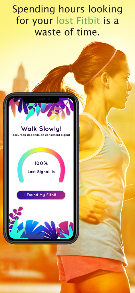 A smartphone showing the Find My Fitbit app interface with a signal strength meter to locate a lost device