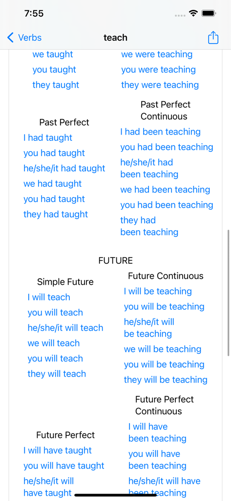 English Verbs - 複数の時制における動詞「teach」の英動詞活用形。