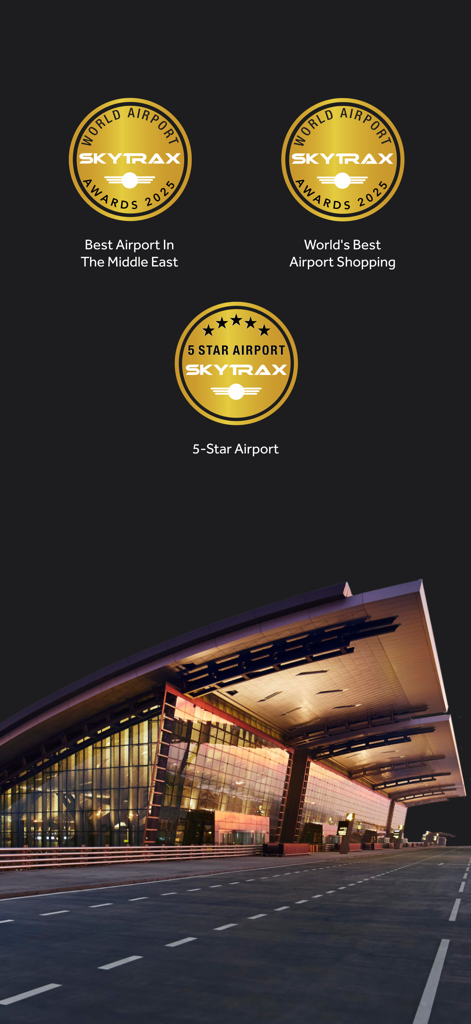 HIA Qatar - Hamad International Airport Skytrax 2025 awards including Best Airport in the Middle East and World's Best Airport Shopping.