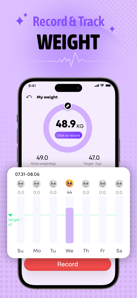 Daily Health-pulse heart track - Interfaz de seguimiento de peso de la aplicación Daily Health que muestra el peso actual, el peso objetivo y un gráfico de barras de progreso semanal.