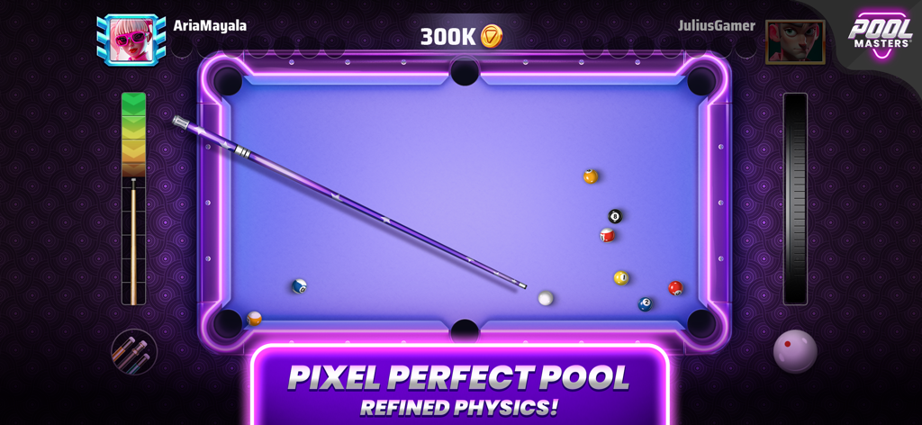 Top down view of a purple neon pool table in Pool Masters 8 Ball Pool showing refined physics and a decorative cue.