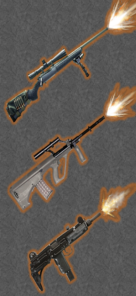 Gun Simulator: Gun Sound Shot - Three different firearms shooting with muzzle flash and glow effects in the Gun Simulator app