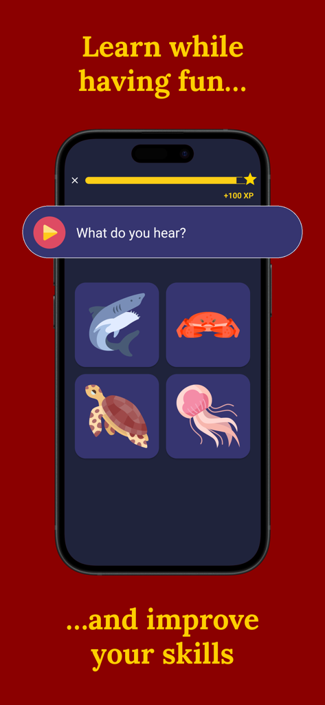 Learn German (Beginners) - Pantalla de la aplicación móvil mostrando un ejercicio de escucha de alemán con ilustraciones de animales