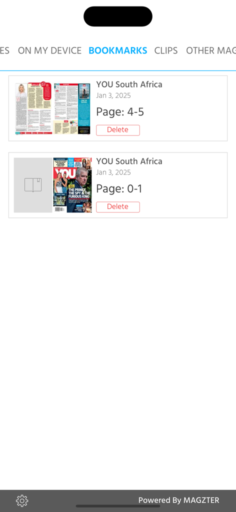 YOU South Africa - Bookmarks section of the YOU South Africa app displaying saved magazine pages
