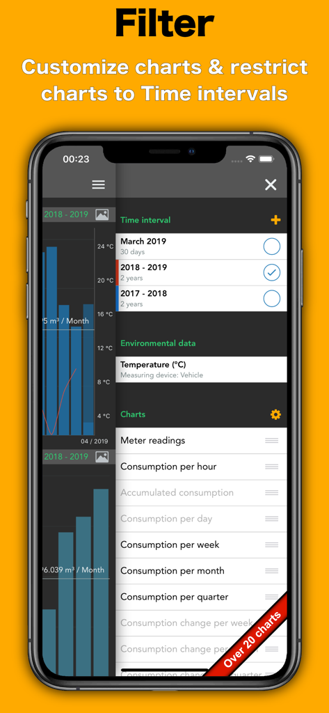 Energy Tracker app interface for filtering consumption charts by time interval