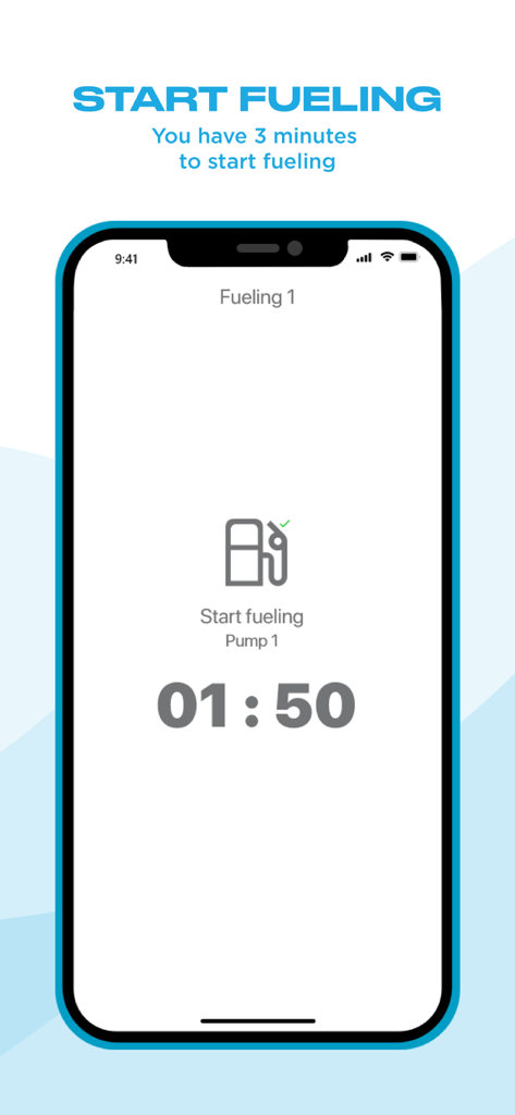 Cloudics - Cloudicsモバイルアプリ画面、カウントダウンタイマーとポンプ1での給油開始手順を表示