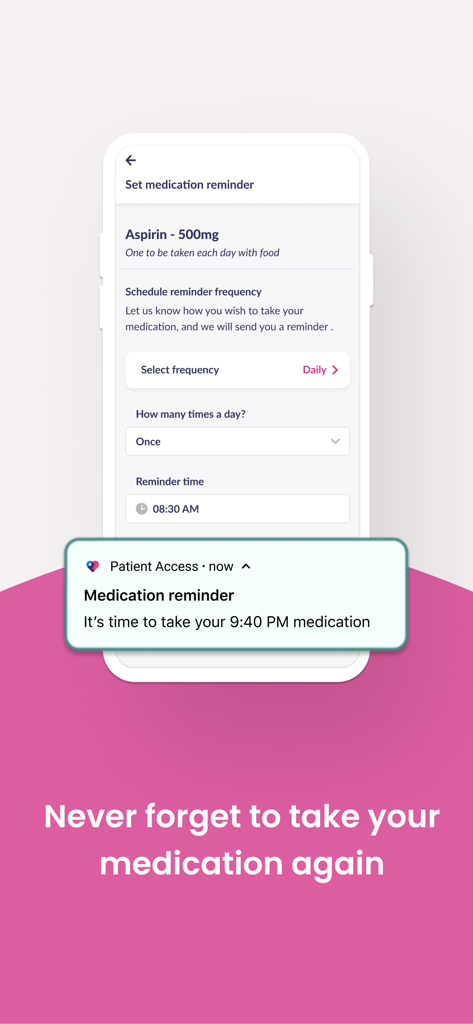 Captura de tela da interface do aplicativo Patient Access para definir lembretes de medicação com um exemplo de notificação push.