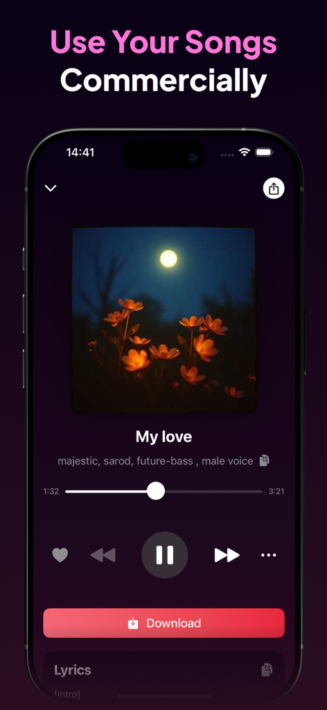 AI Song Music Generator: Songr - Songr app interface showing a music player for an AI generated song with a headline about commercial use