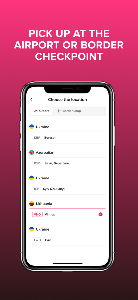 MyDutyFree mobile app screen for selecting airport or border shop pickup locations