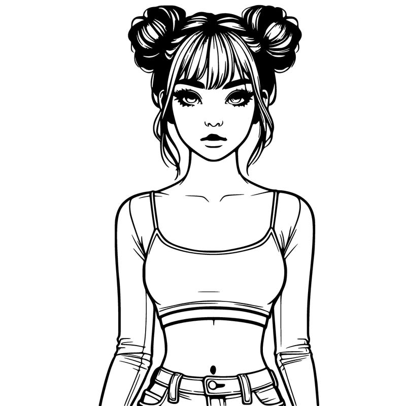 realistic girl with space buns and bangs and a crop top