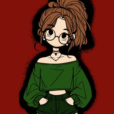 girl with a messy ponytail glasses a baggy crop top and jean shorts